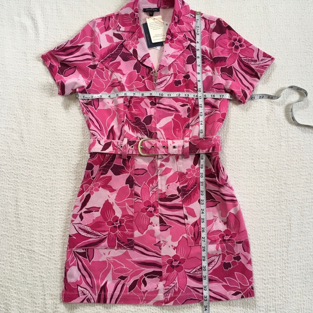 Pink Floral‎ Denim Barbiecore Mini Dress Zip Front Belted Skies Are Blue Small - Picture 4 of 5